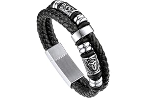 Bandmax Mens Double Row Black Braided Leather Wristband Stainless Steel Beaded Double Layer Leather Cord Wristband Bangle Gift for Men