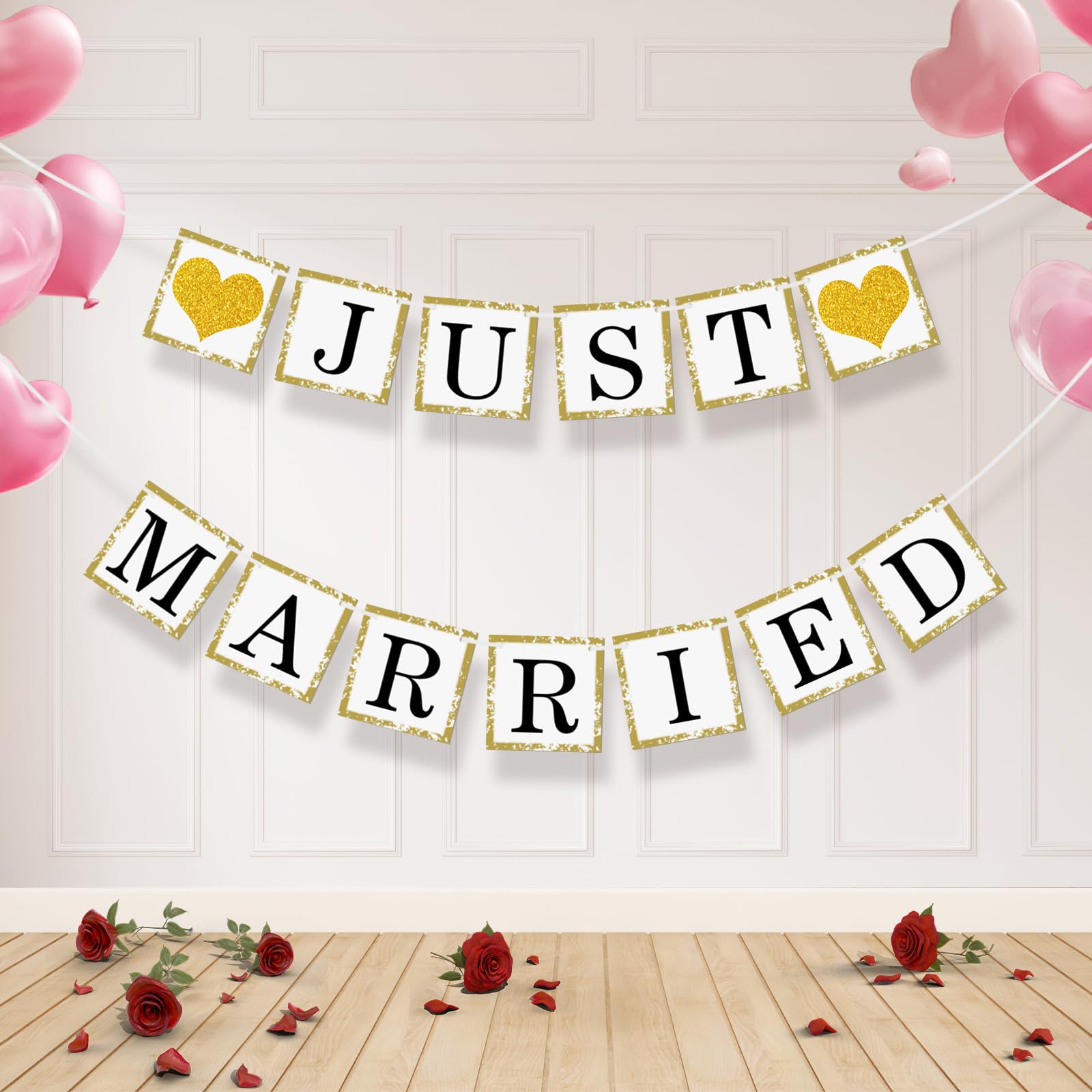 Koliphy Just Married Decorations, Paper Wedding Hanging Banner, Romantic Just Married Party Supplies, Newly Married, Bridal Shower, Anniversary, Wedding Banquet Theme Decorations (Black Gold)