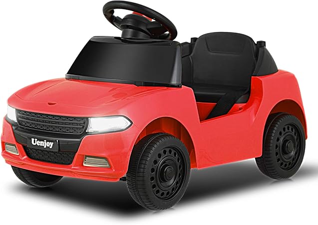 Amazon Uenjoy 6v キッズ ベビー用 車電池式 電動車 男の子 女の子用 収納スペース ヘッドライト 音楽 ホーン ウォーターカップスロット シートベルトレッド おもちゃ おもちゃ