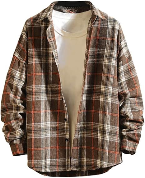 Amazon ラッキーチャーム ブラウン Xl ルーズフィット ドロップショルダー チェックシャツ メンズ 長袖 茶色 レトロ ウェア ストリート系 男性 洋服 ビッグ ヒップホップ おおきいサイズ オーバーサイズ 男子 春物 レギュラー ゴルフ カジュアル ファッション