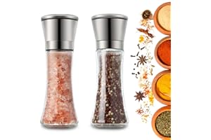 Bestdin Salt and Pepper Grinder Set of 2, 200ml Stainless Steel Salt Grinder, Pepper Mill with Adjustable Coarseness, Black Pepper Grinder Refillable with Glass Body, Peppercorn Grinder for Cooking.