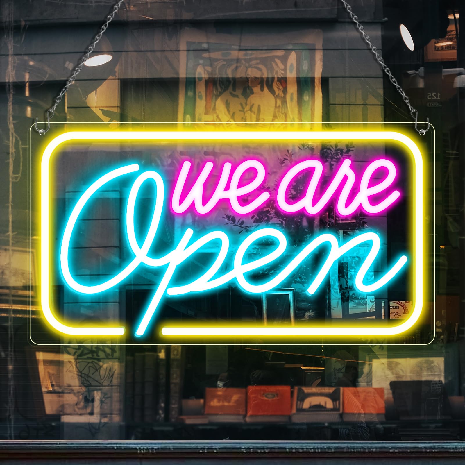 Photo 1 of Neon We Are Open Signs for Business, 16.5''x 9'' Open Sign LED, Super Bright & Easy to Spot Open Neon Sign(Pink&Blue&Yello), with ON/OFF Switch & Adapter, Ideal for Window, Party, Wall, Bars, Coffee