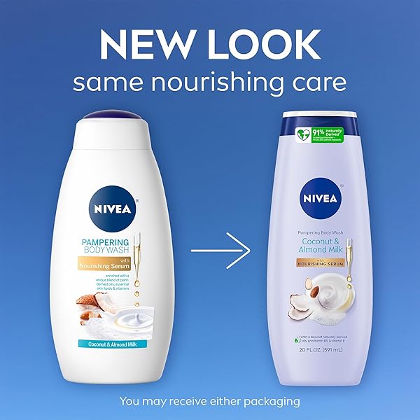 NIVEA PAMPERING COCONUT AND ALMOND MILK BODY WASH WITH NOURISHING SERUM, MOISTURIZING BODY WASH FOR WOMEN, ENRICHED WITH PROVITAMIN B5 AND VITAMIN E, 20 FL OZ BOTTLE
