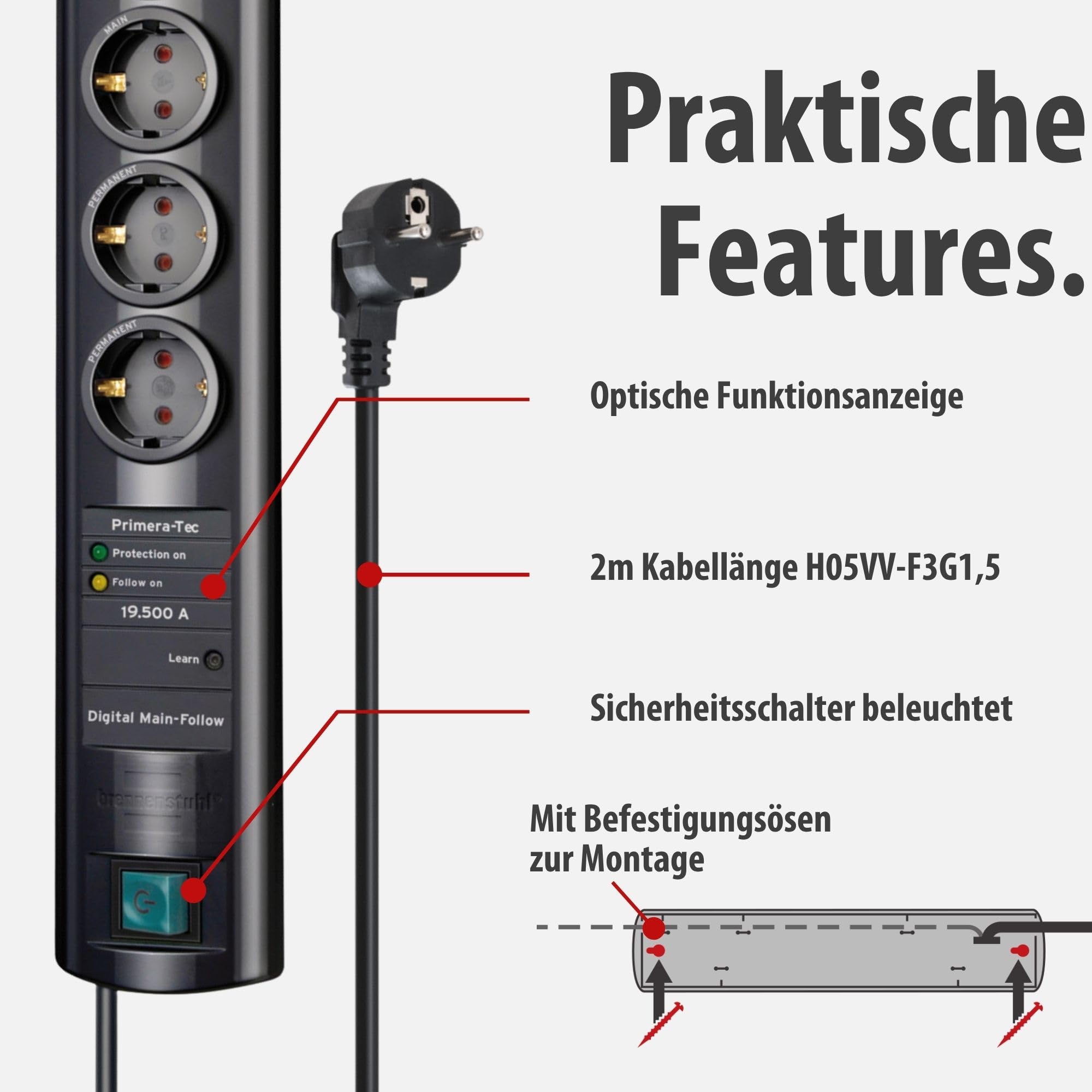 Brennenstuhl Primera-Tec Steckdosenleiste 7-Fach mit Überspannungsschutz 19.500A (Steckerleiste mit 2m Kabel, Schalter, Main Follow Funktion) schwarz 3