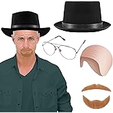 WATCPNO Men's 4PCS Western Cowboy Style Costume Accessories With Black Hat, Fake Scalp, Brown Beard and Glasses for Halloween Role-Playing