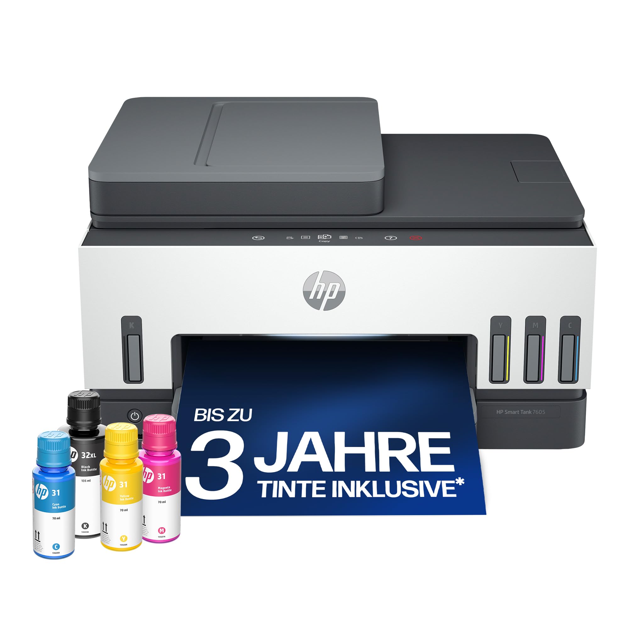 HP Smart Tank 7605 All-in-One Multifunktionsdrucker (Drucker, Scanner, Kopierer, FAX, ADF, WLAN, LAN, AirPrint, inklusive Tinte für etwa 3 Jahre) für Fotos und Dokumente, bis zu 1200 Seiten im Monat