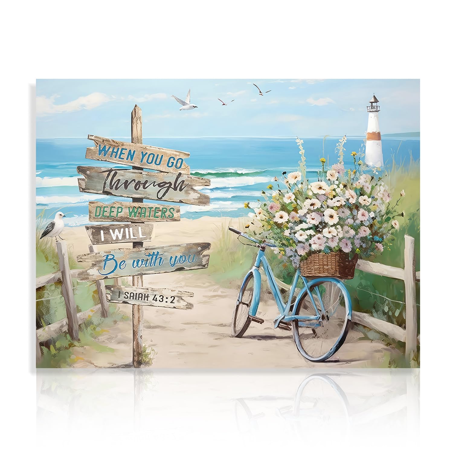 Dazzlewall Beach Canvas Wall Art for Bathroom Coastal Bicycle Wall Art Ocean Seascape Wall Decor Teal Aqua Blue Calm Shoreside for Bedroom 12x16 in Unframed