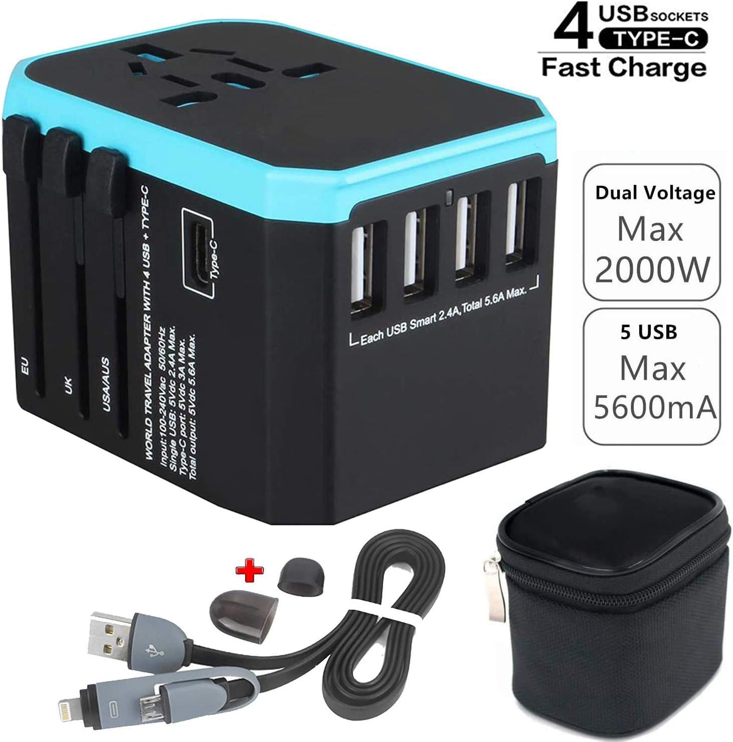 CCHKFEI International Adapter for Travel, Dual Voltage Hair Dryer, Straightener, Curling Iron Travel Adapter with 5 Fast USB Charger,Type-C,8A Worldwide AC Outlet Max 2000W UK US AU Asia 220+ (Blue)