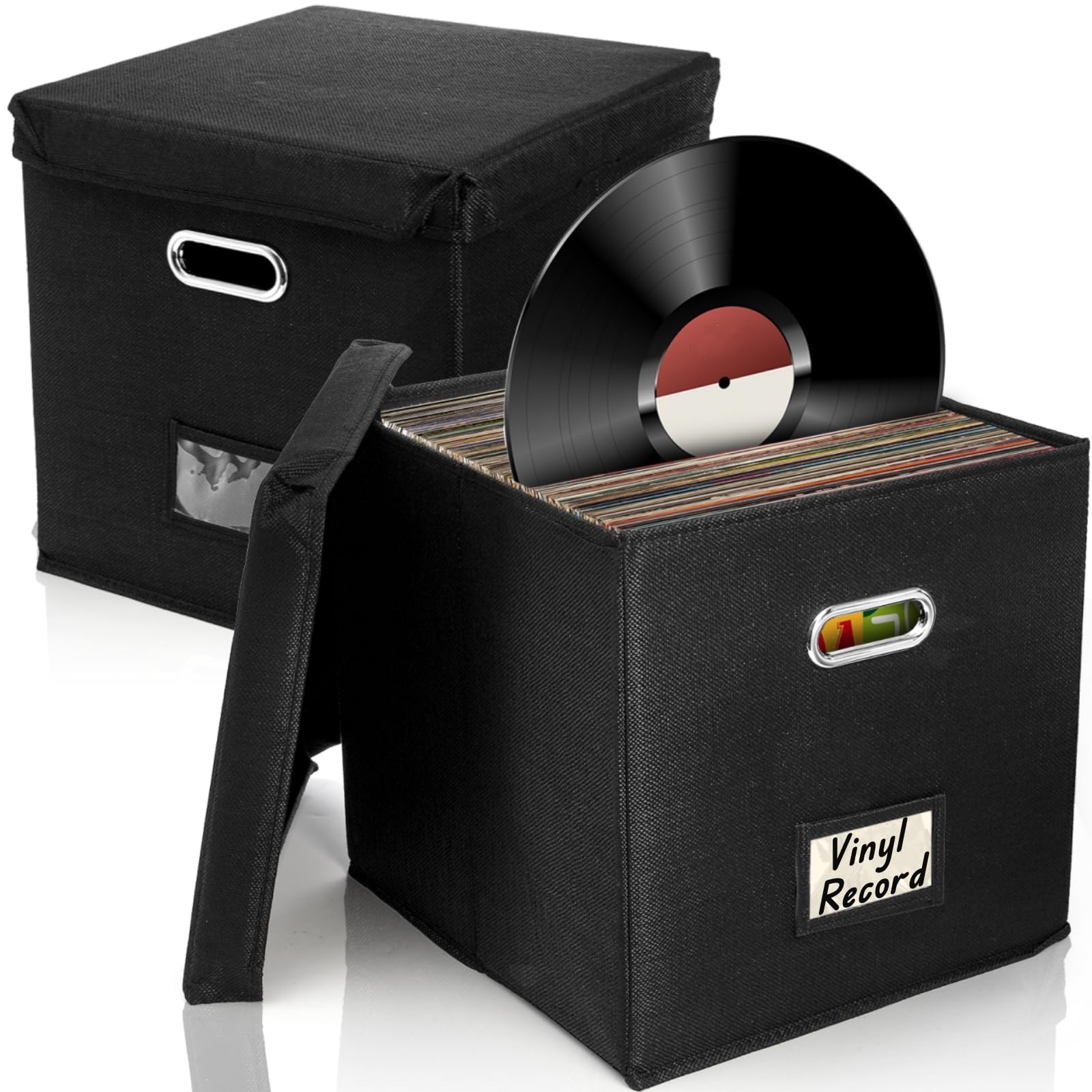 Photo 1 of Pumtus 2 Pack Vinyl Record Storage Boxes, 12 Inch Collapsible Album Organizer, LP CD Linen Crate with Lid & Handles, Music Collection Cabinet Holder, Document File Cube Bin for Concert Hall, Office
