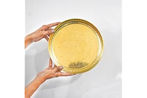 SAJTOX Brass Pooja Thali Handcrafted Puja Plate for Temple, Home & Office Worship, Diwali & Wedding Return Gift (Traditional Design) (8 INCH)