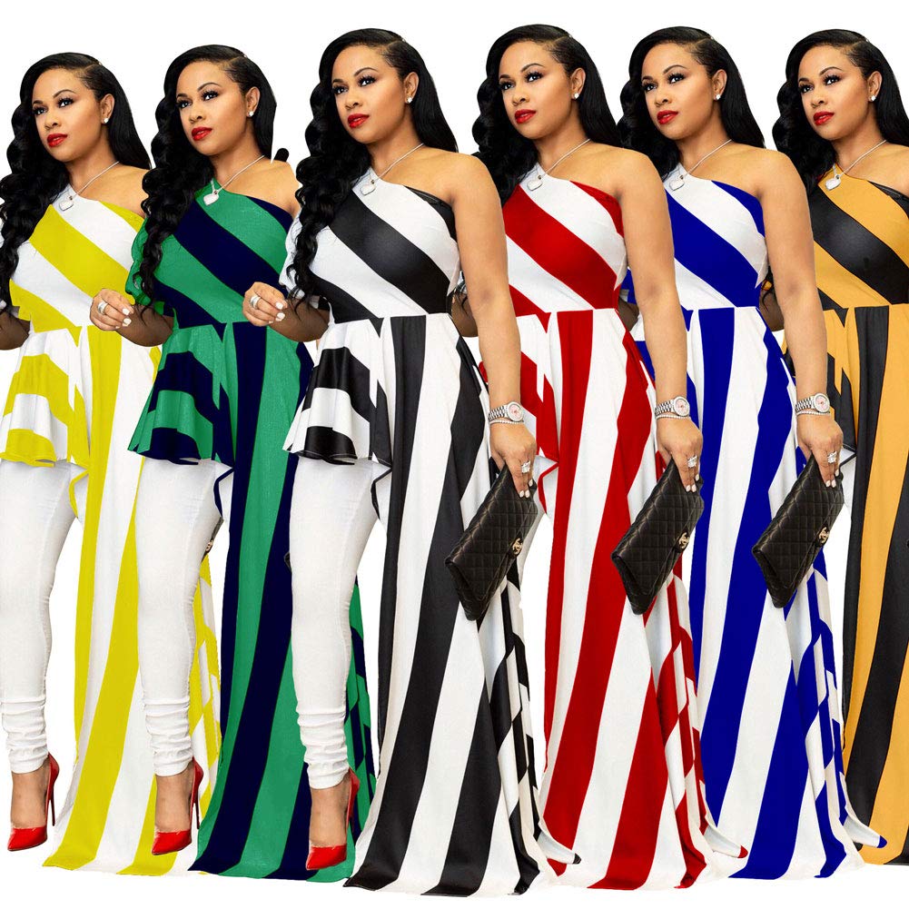 Ophestin Womens High Low Tops Irregular Blouse, Sexy Striped One Shoulder Shirt Maxi Dress