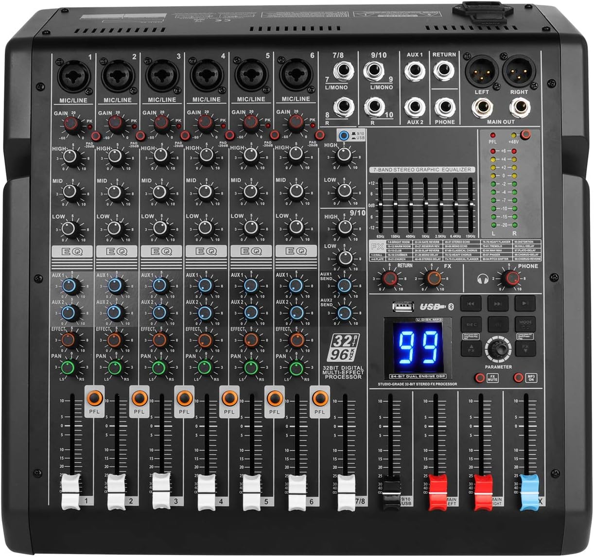 10Channel Mixer 99 Effects 7 Band EQ Bluetooth Studio Audio Mixer for