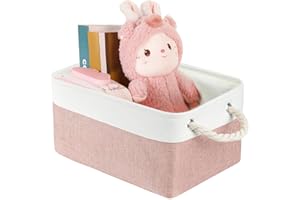 LordCom Storage Bins with Sturdy Cotton Handles(1 Pack), Fabric Storage Baskets for Organizing use for Office & Home, Book, Clothes, Toys, Closet Boxes (Small, Pink-White, 12.2x8.3x6.3 inches)