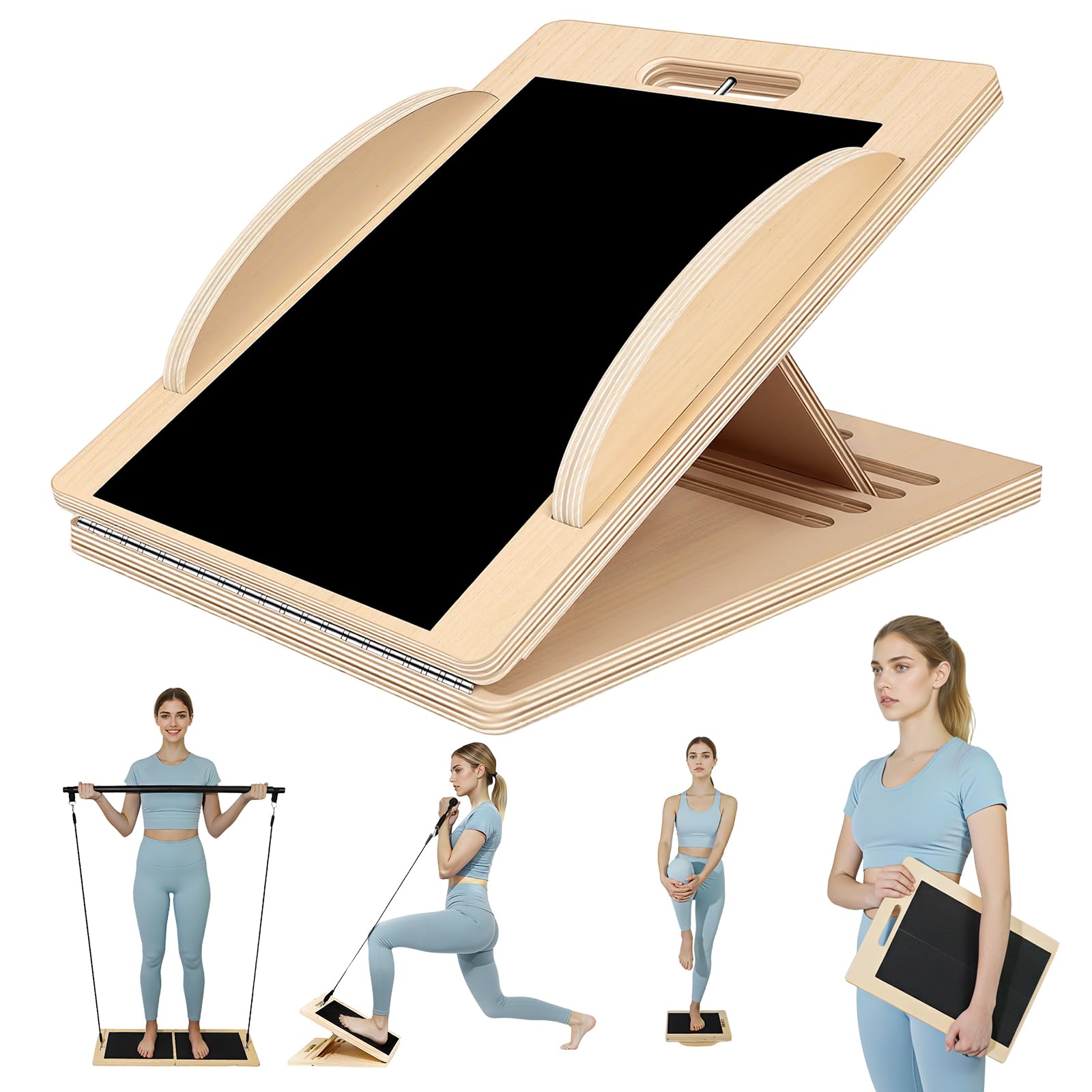 Photo 1 of 2-in-1 Professional Wooden Balance Board & Slant Board,Free Pilates Accessories Beginner Home Workout Set with Adjustable Incline Board and Calf Stretcher,Stretch Board for Knees Ankle Heel Feet Leg.