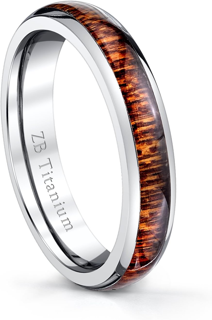 4MM ZB Titanium Wedding Band Rings Polished Dome Style with Redwood Inlay Beveled Edges for Women - Adventure