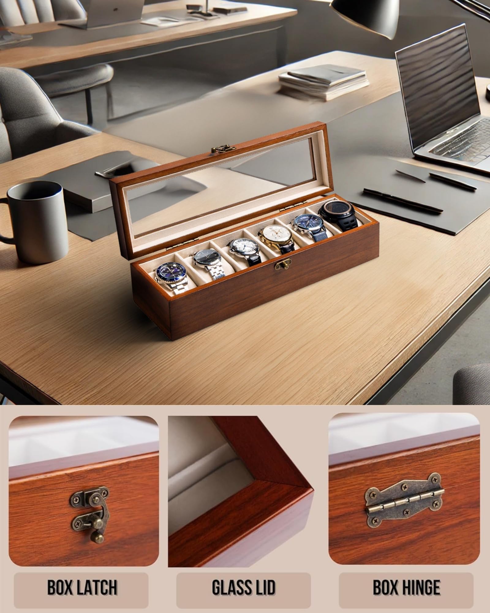 Exper City Exper City Watch Box, Watch Case for Men Women with Large Glass Lid, Wooden Watch Display Storage Box with 6 - Slots, Classic Walnut Mens Watch Box Organizer