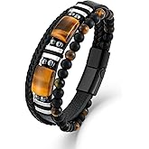 Oskani Mens Tiger Eye Leather Bracelet, Natural Tiger Eye Stone Beads Multi-Layer Braided Cuff Bracelets for Men, Stainless Steel with Buckle Memorial Bangle Gifts for Him