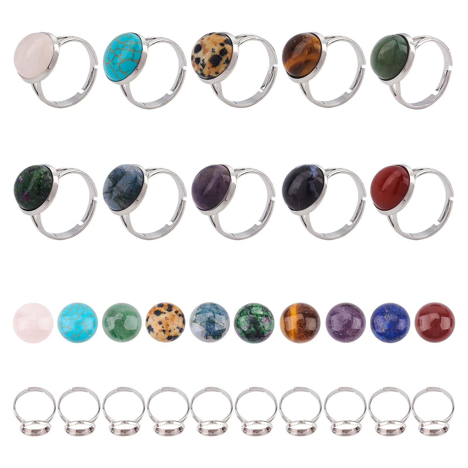 SUNNYCLUE 40pcs 10 Color Gemstone Cabochon Settings Adjustable Ring Blank with 12mm Gemstone Cabochons Ring Making Kit for DIY Jewelry Making Crafts Supplies