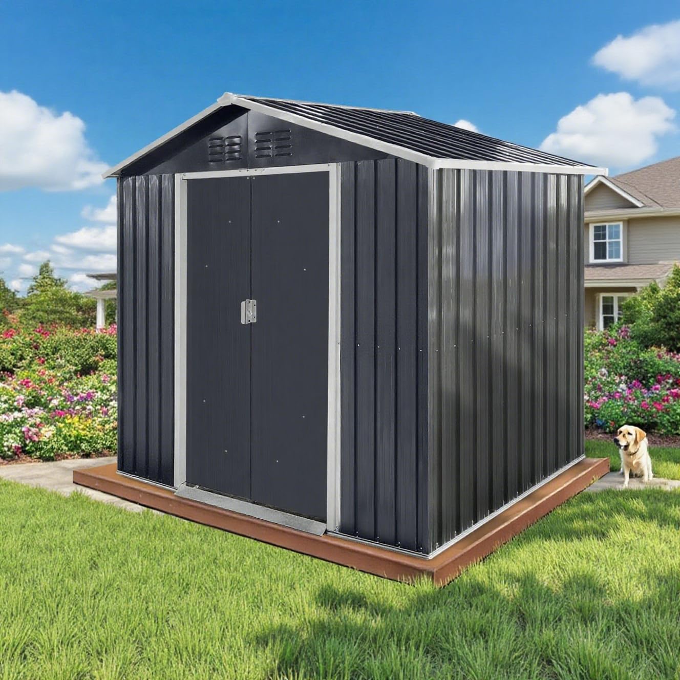 Photo 1 of **MINOR BEND AND DENT DAMAGE**LINKHOO 7x4.3 Ft Outdoor Storage Shed, Heavy-Duty Metal Shed with Windows & Secure Lockable Doors, Ideal Storage Shed for Outdoor, Patio, Garden, and Backyard, Black