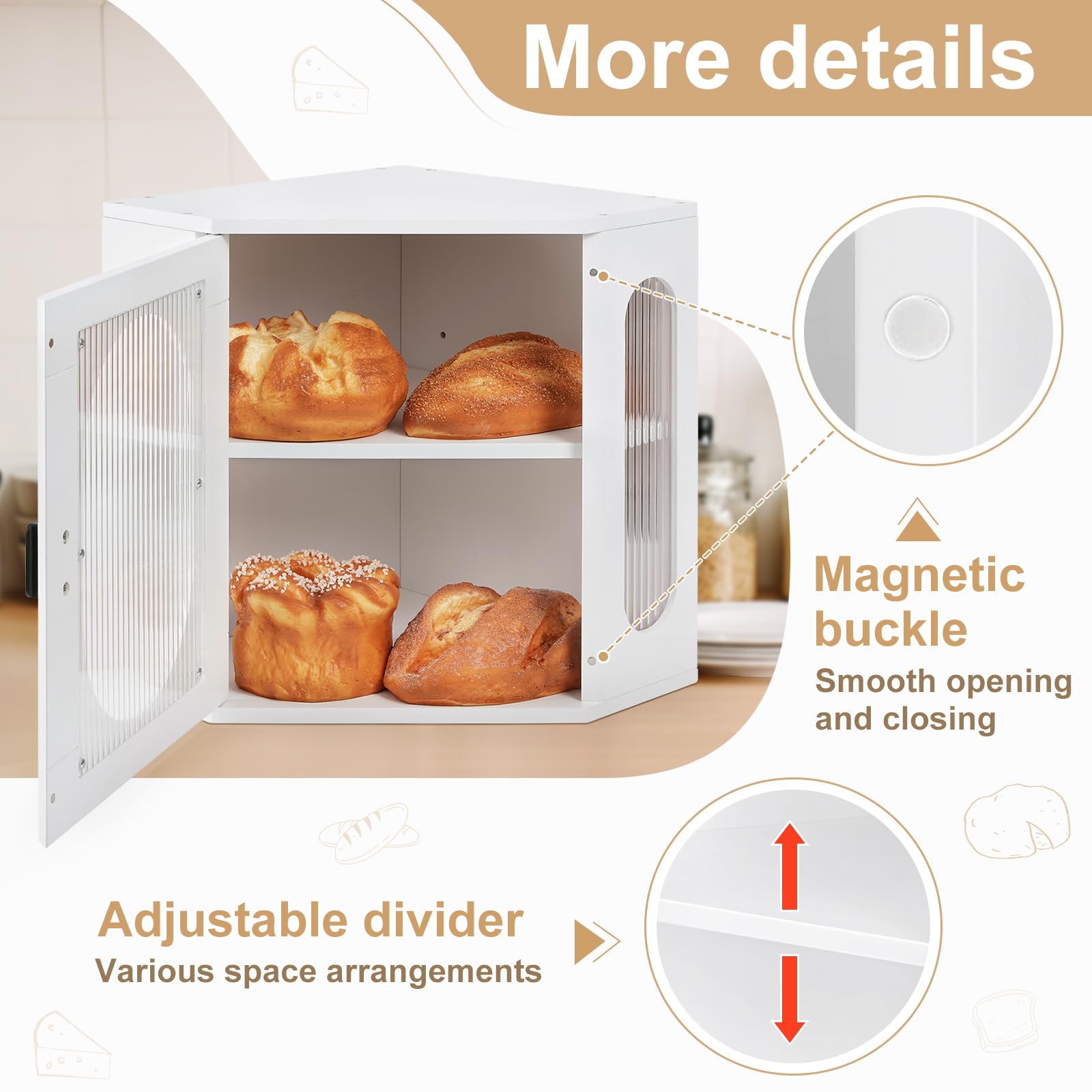 Condition photo showing As Is for sunhoo bread box for kitchen countertop corner bread storage wooden breadbox container 2 layer bread holder keeper large farmhouse bread bin shelf for homemade pantry vintage acrylic window (white)