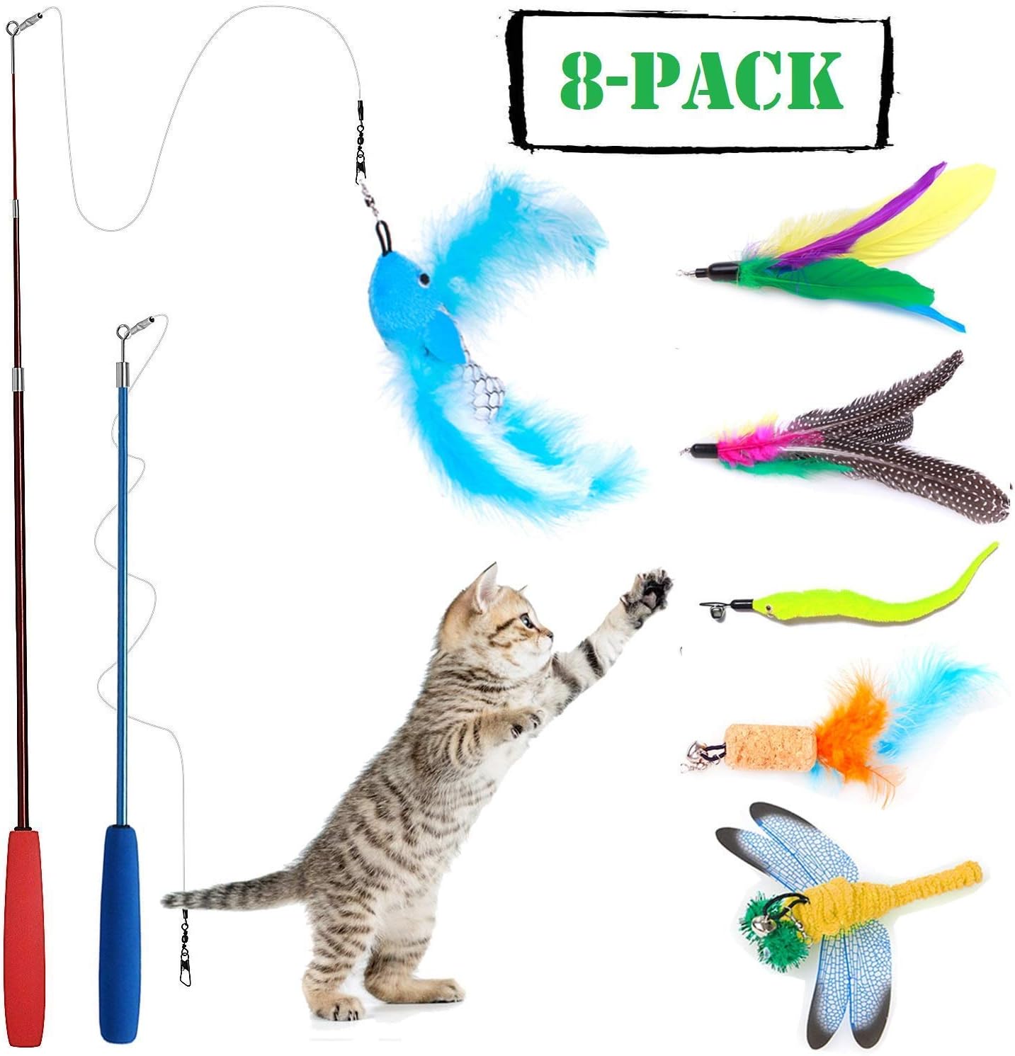 Wineecy 8 Pcs Cat Feather Toy, Cat Toy Wand, Teaser Wand Toy Set, Cat