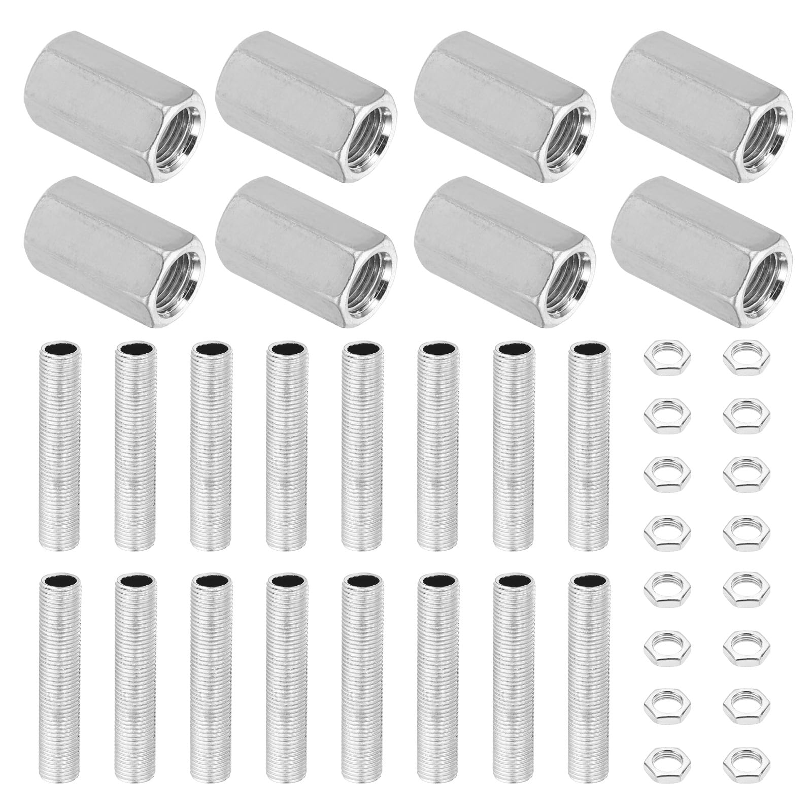 PATIKIL M10 Fine Thread Lamp Pipe Repair Part Kits, 40 Pcs M10 x 25 Metal Hexagon Closed Coupling Nut with Threaded Pipe and Hex Nut for Lighting Extension Rod