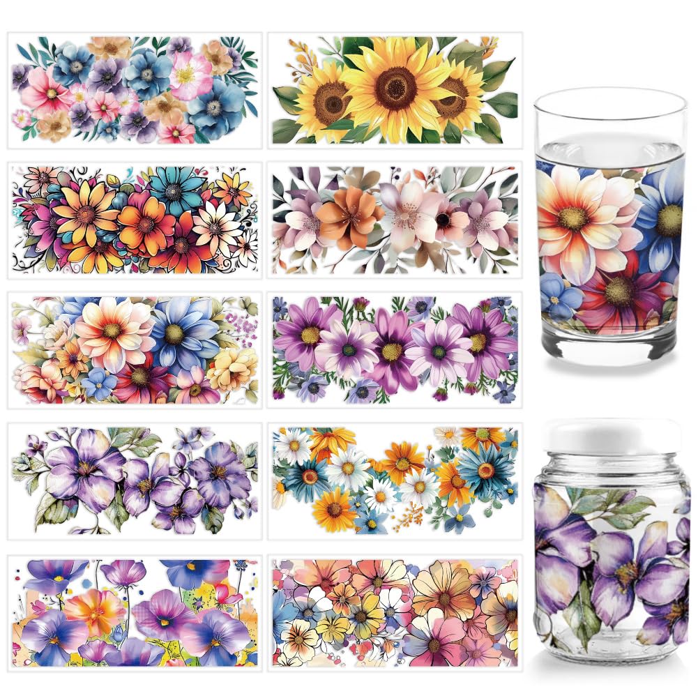 arricraft 10 Sheets UV DTF Cup Wrap, 10 Styles Colorful Sunflower Daisy Rub on Transfers PVC Transfer Stickers Waterproof Rub Decals for DIY 16OZ Glass Cups Furniture Wood