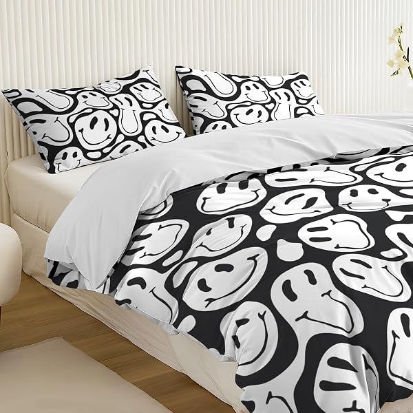 WATBRO KID’S DUVET COVER KING SIZE, RETRO HIPPIE BEDDDING SET, 3PCS SOFT MICROFIBER BEDDING SET WITH ZIPPER CLOSURE&CORNER TIES, GIRL BEDDING WITH PILLOWCASE – BLACK AND WHITE, KING