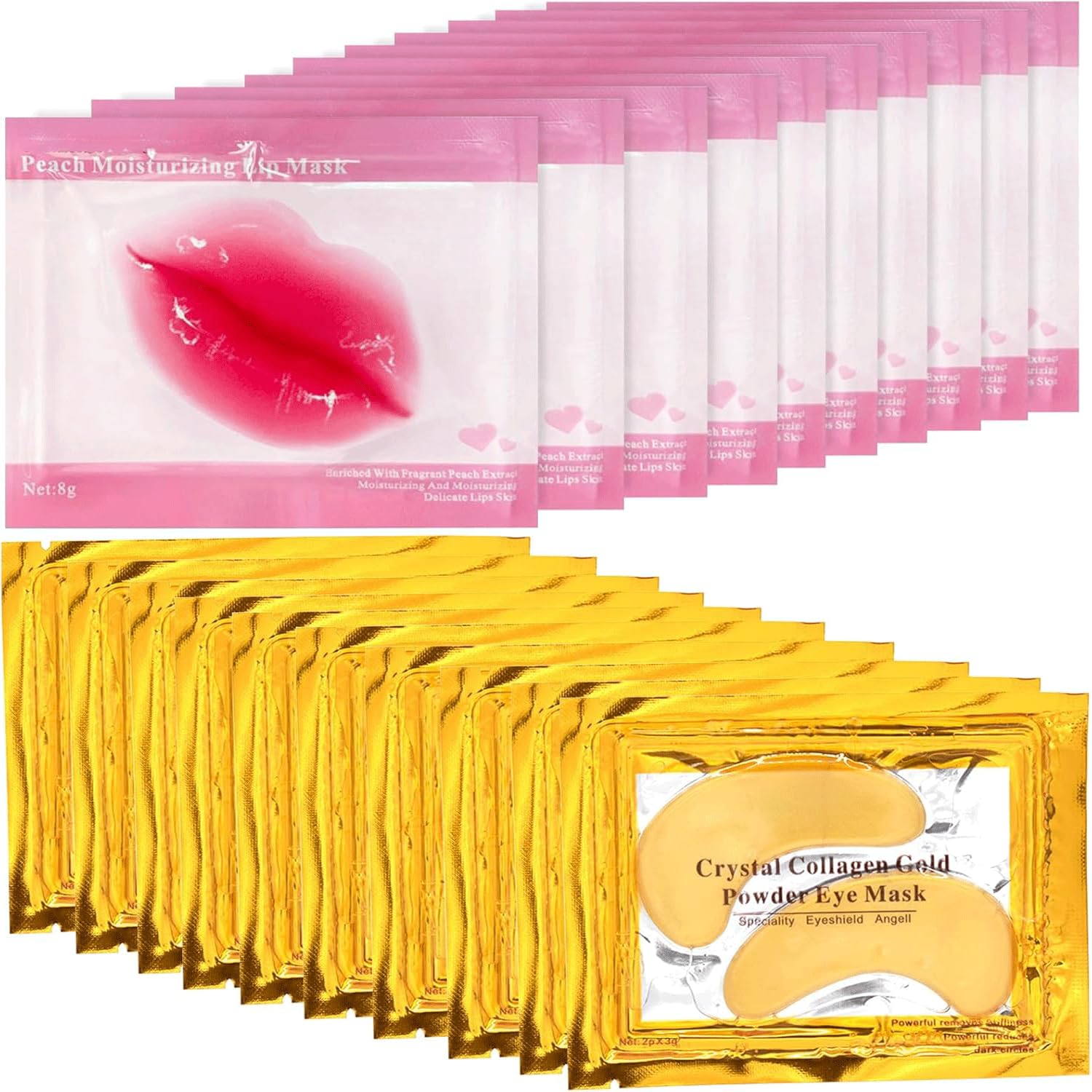 10 Pcs Collagen Lip Masks & 10 Pairs 24K Gold Gel Eye Masks, Anti Aging Wrinkle Gel Under Eye and Lip Patches, Eye Masks Patches for Dark Circles Puffy Eyes, Plumping Hydrating Crystal Lip Pads