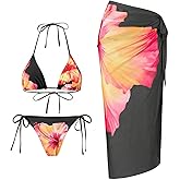 ZAFUL Women's 3 Piece Swimsuit Floral Halter Triangle String Bikini Tie Side Bottom with Boho Cover Up Skirt
