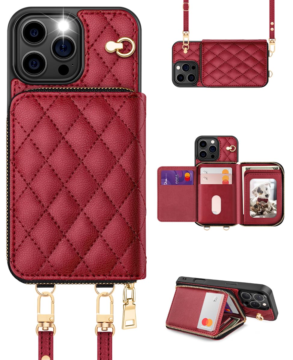Photo 1 of OCASE Compatible with iPhone 16 Pro Max Crossbody Wallet Case with Card Holder, PU Leather Zipper Handbag Phone Purse with RFID Blocking Kickstand Wrist Strap Lanyard 6.9 Inch, Diamond Check Red