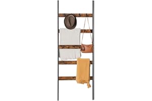 VASAGLE 5-Tier Blanket Ladder Shelf, Wall-Leaning Rack with 4 Hooks, Rustic Brown ULLS011B01