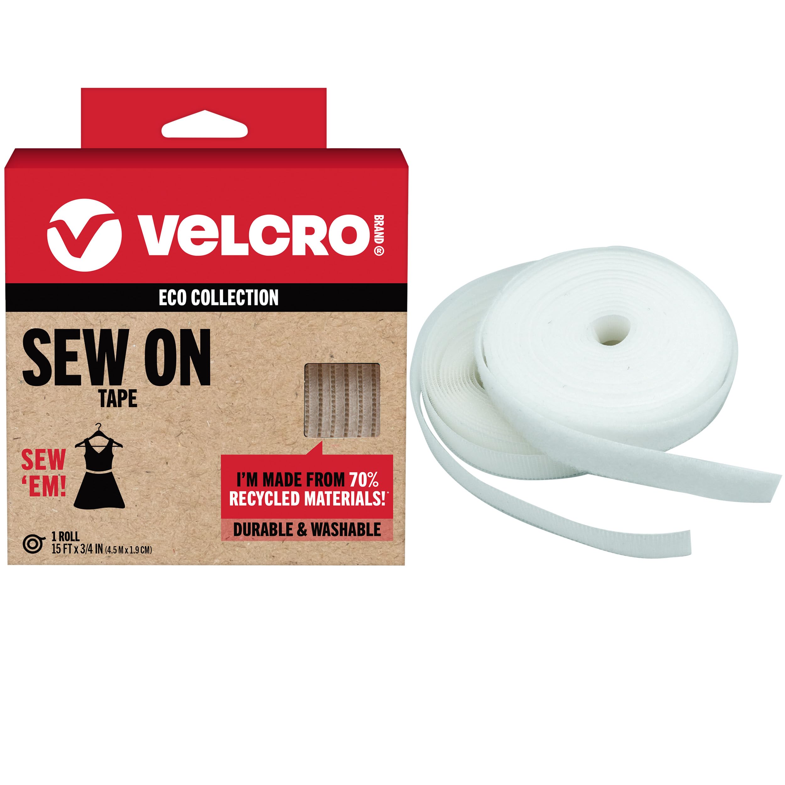 VELCRO Brand ECO Collection Tapes, Sew On Tape for Clothes and Fabrics | Non Adhesive, Cut Strips to Custom Length for Sewing | 15ft x 3/4in Roll, White
