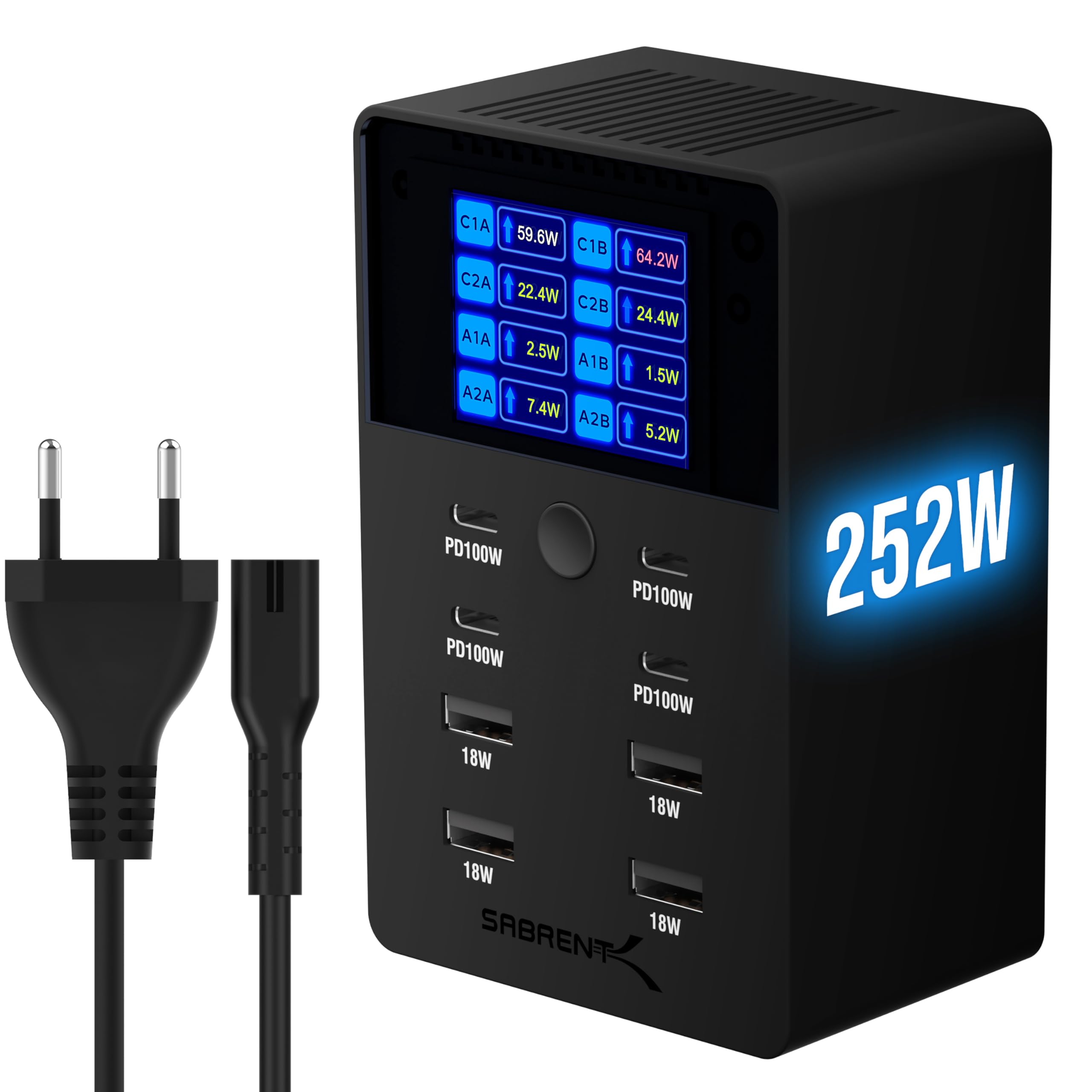 SABRENT USB Ladestation 252W 8-Port PD 3.0 mit LCD Display - GaN Charger Ladegerät - Schnelle Charging Station für USB-C & USB-A Geräte, Laptops, Smartphones - PPS, Überladungsschutz (AX-8PTC)