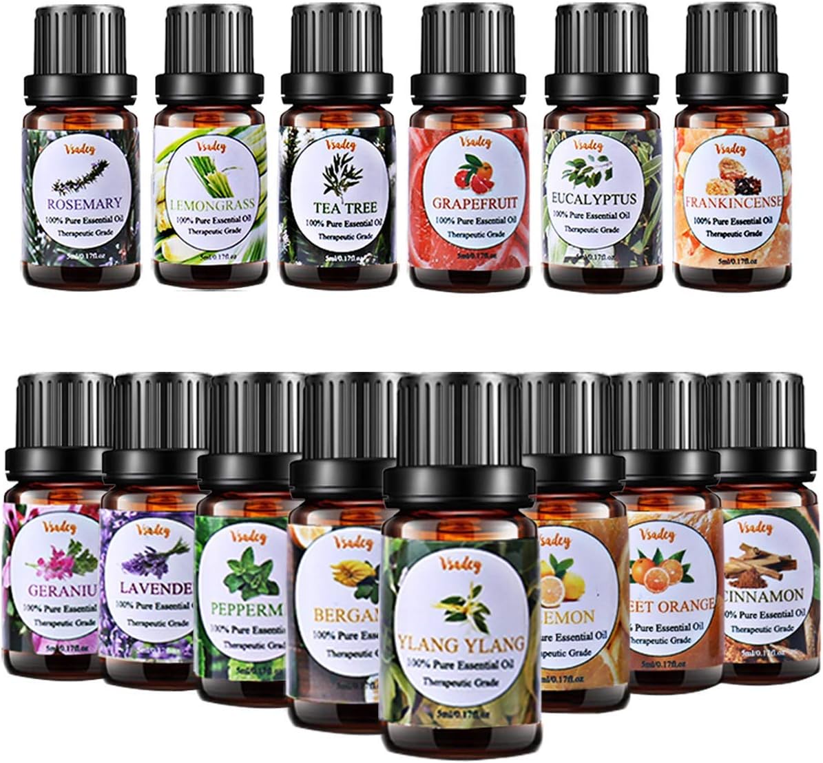 Vsadey Essential Oils Set 100% Pure Aromatherapy Oils Kit for Diffuser, Humidifier, Bath, Lavender, Tea Tree, Eucalyptus, Lemongrass, Sweet Orange, Ylang Ylang (14 x 5ml)