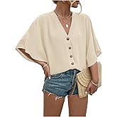 Floerns Women's Plus Size Casual Button Down Shirts V Neck Dolman Sleeve Loose Blouses