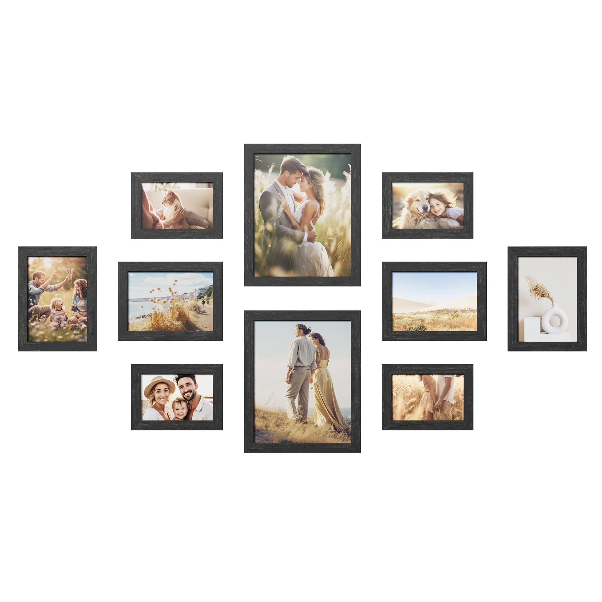 SONGMICS Set of 10 Picture Frames, Two 20 x 25 cm (8 x 10 Inches), Four 13 x 18 cm (5 x 7 Inches), Four 10 x 15 cm (4 x 6 Inches), Plastic Front, MDF, Ink Black RPF310H