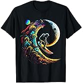 Astronaut surfing through space universe galaxy planets moon T-Shirt