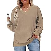 DOLNINE Plus-Size-Tops for Women Casual V Neck Pullover Cute Waffle Knit Lantern Sleeve Sweaters Fashion Side Split Tunics