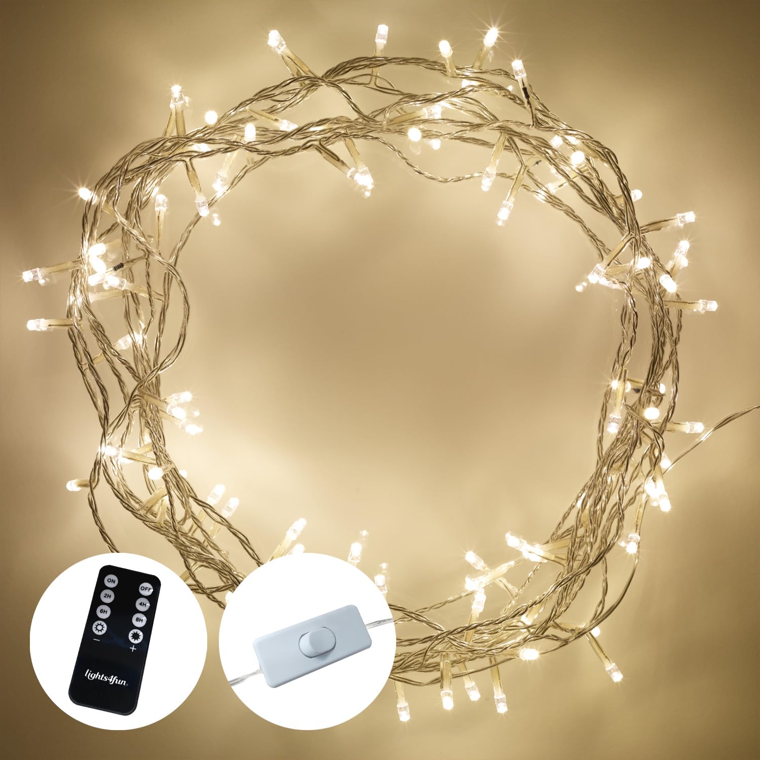 Lights4fun 8m String Lights 100 LED Warm White Fairy Lights Clear Cable with Rocker Switch Plug in Mains Powered Remote Control and Timer Indoor Bedroom Party Wedding Decoration — image 1