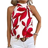 SweatyRocks Women's Boho Printed Halter Top Tie Mock Neck Sleeveless Blouses