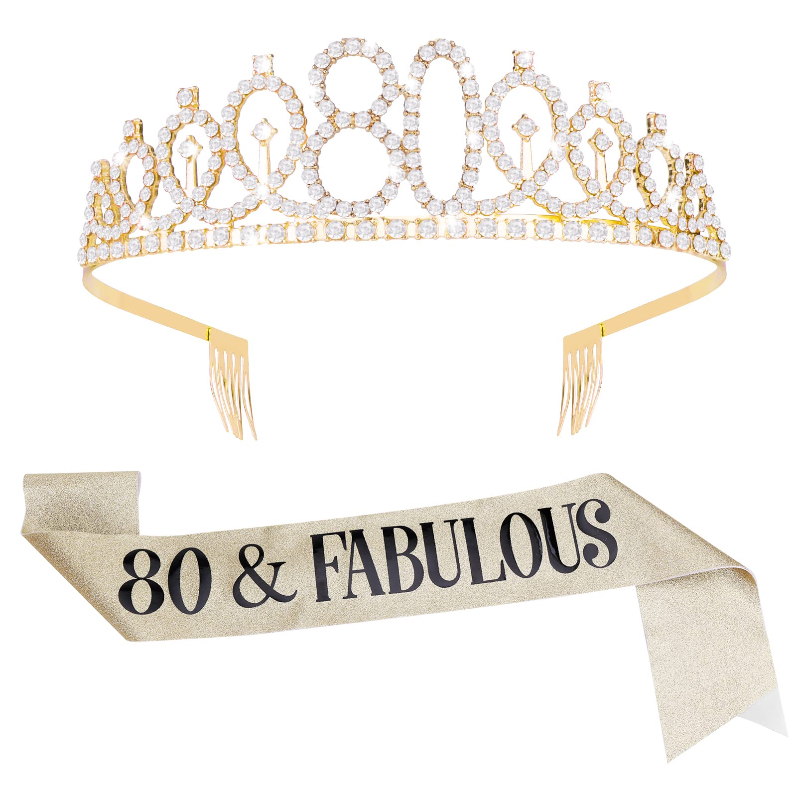 ASTER 80th Birthday Sash and Tiara Kit - Rose Gold 80& Fabulous Sash and Rhinestone Crown Birthday Gift for Women Happy 80th Party Decorations