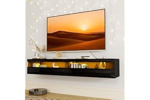 Real Relax 71" High Gloss Modern Floating TV Stand, Entertainment Center with Led Lights & Power Outlet, Media Console with R