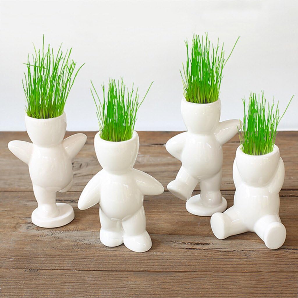 Qisuw Novelty Mini Head Grass Doll Hair Bonsai White DIY Lazy Man Rely Plant Garden