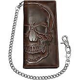 Paomadeng Skull Long Bifold Wallet for Men Full Grain Cowhide Genuine Leather Biker Wallet with Chain, RFID-Blocking, Brown