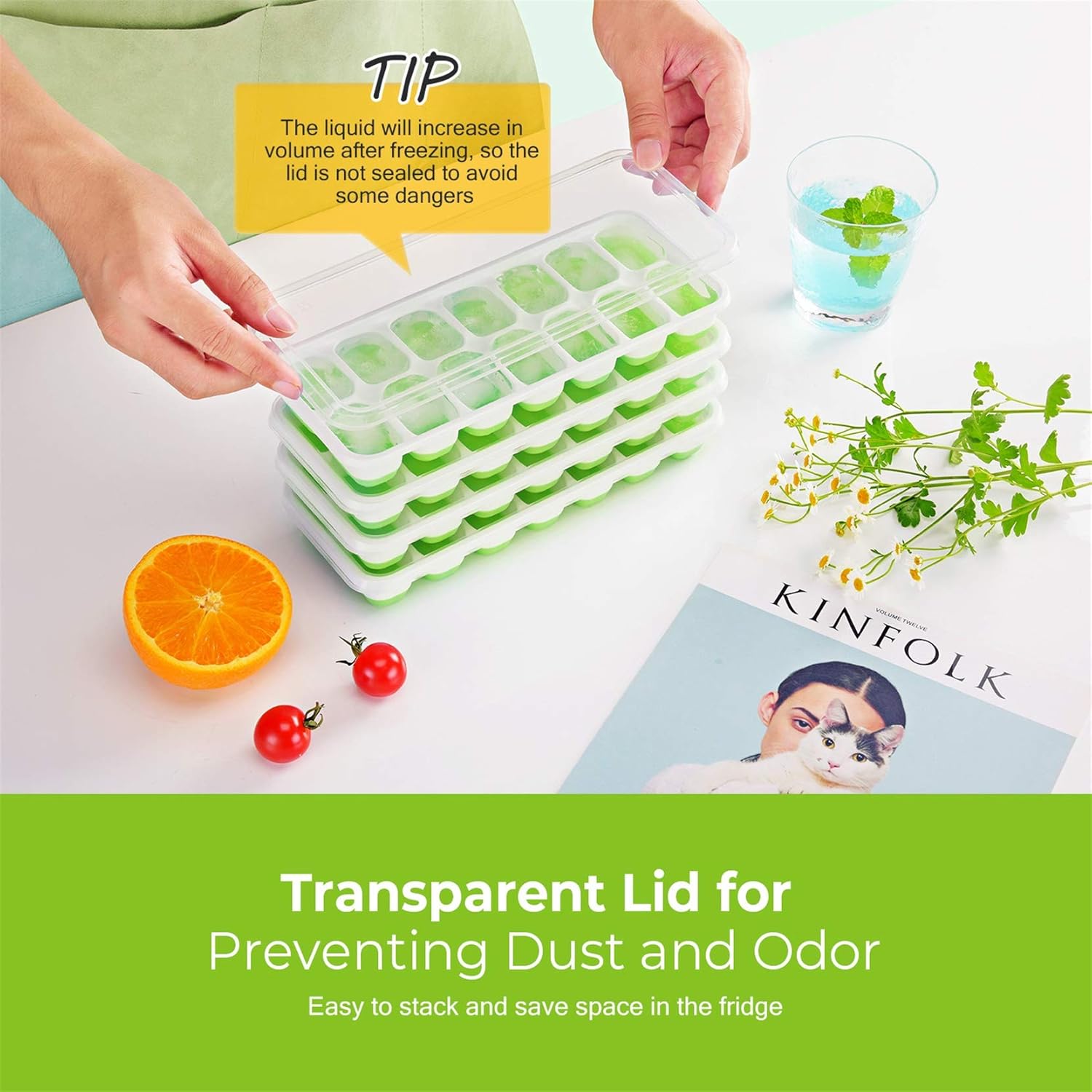 OMorc Ice Cube Trays 4 Pack, Easy-Release Silicone and Flexible 14-Ice Trays with Spill-Resistant Removable Lid, LFGB Certified and BPA Free, Stackable Durable and Dishwasher Safe: Kitchen & Dining