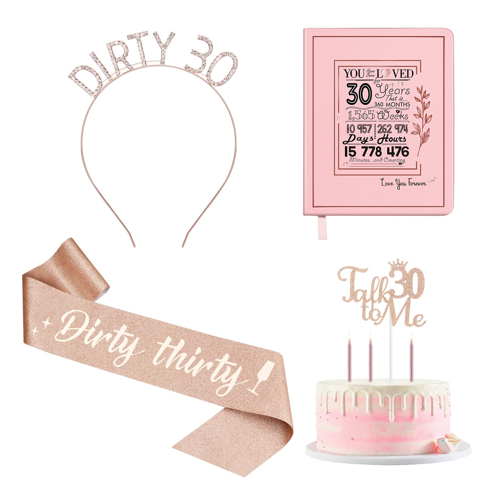 30th Birthday Decorations for Women, Including Sash, Rhinestone Headband/Tiara, Candles, Cake Topper, Daily Planner, Dirty 30 Birthday Decorations Gifts for Her