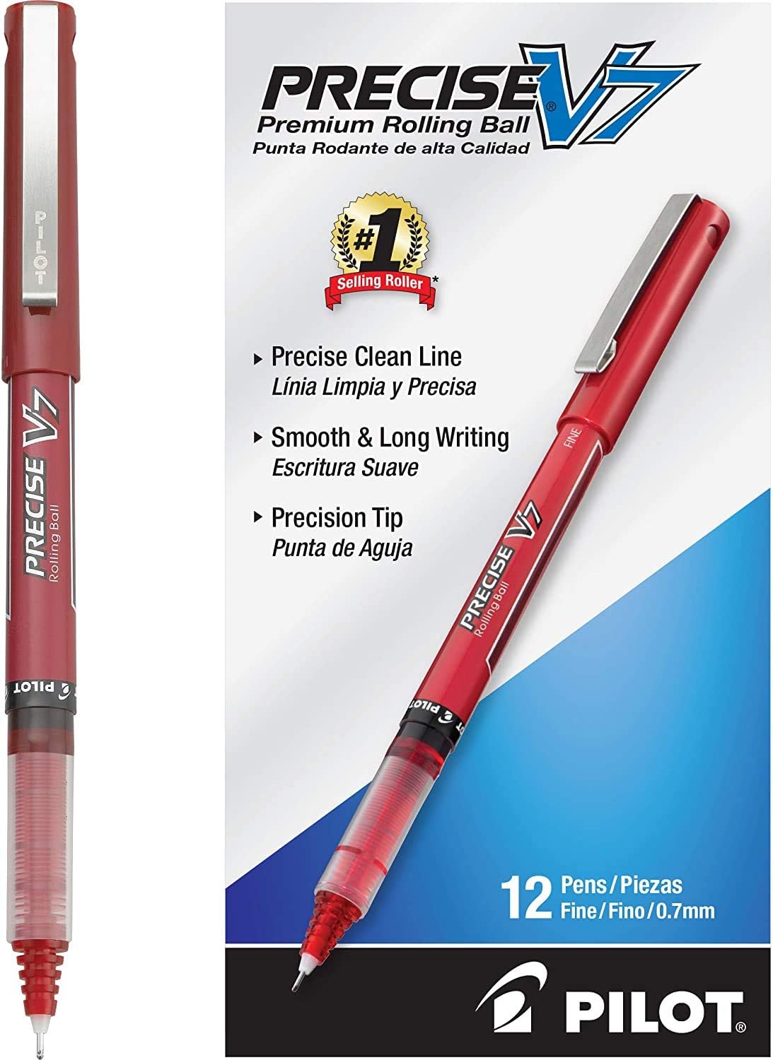 PILOT Precise V7 Stick Liquid Ink Rolling Ball Stick Pens, Fine Point (0.7mm) Red Ink, 12-Pack (35352) : Liquid Ink Rollerball Pens : Office Products