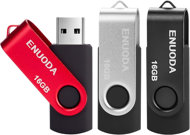 ENUODA 16GB USB 2.0 Memory Stick 3 Pack Swivel Design Black Silver Red