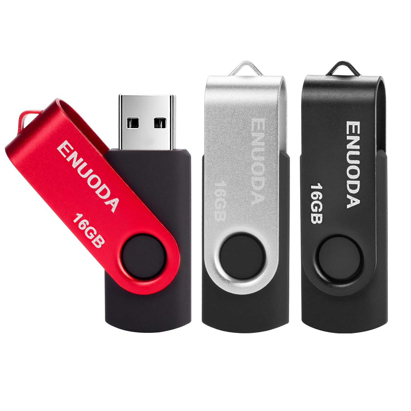 ENUODA 16GB Memory Stick 3 Pack USB 2.0 Flash Drive Swivel Design Pen Drive USB Stick Thumb Drive for Data Storage (Black Silver Red)